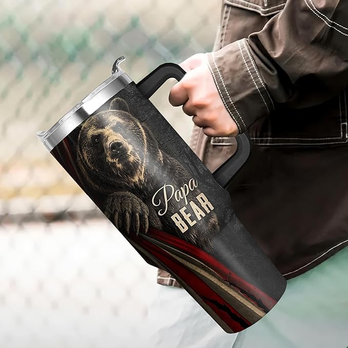40 Oz Papa Bear Tumbler with Handle and Straw, Double Wall Stainless Steel Cup, 40 Oz Leak Proof Insulated Mug, Bear Gifts for Dad and Fathers Day Gift