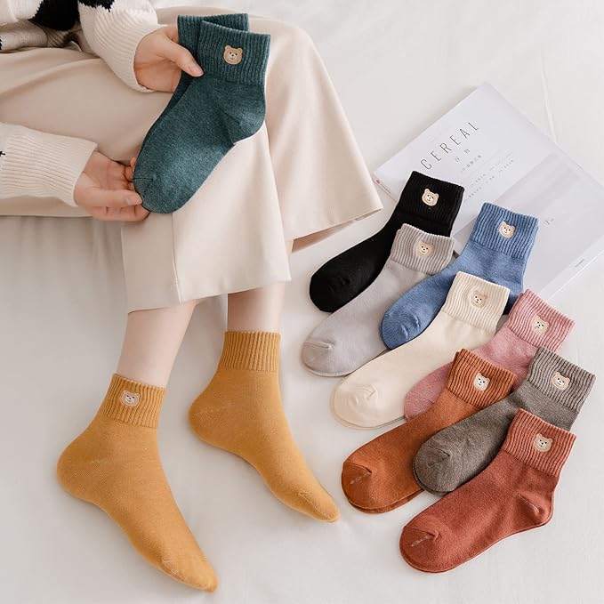 5 Pairs Women's Cute Bear Ankle Socks With Animal Embroidery - Gifts for Women