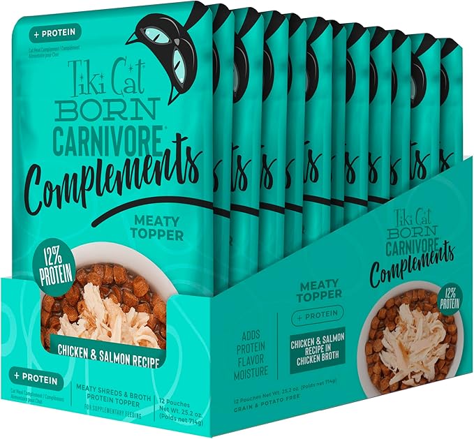 Tiki Cat Born Carnivore Complements Wet Cat Food Topper, Chicken & Salmon 2.1 oz Pouch (12 Count)