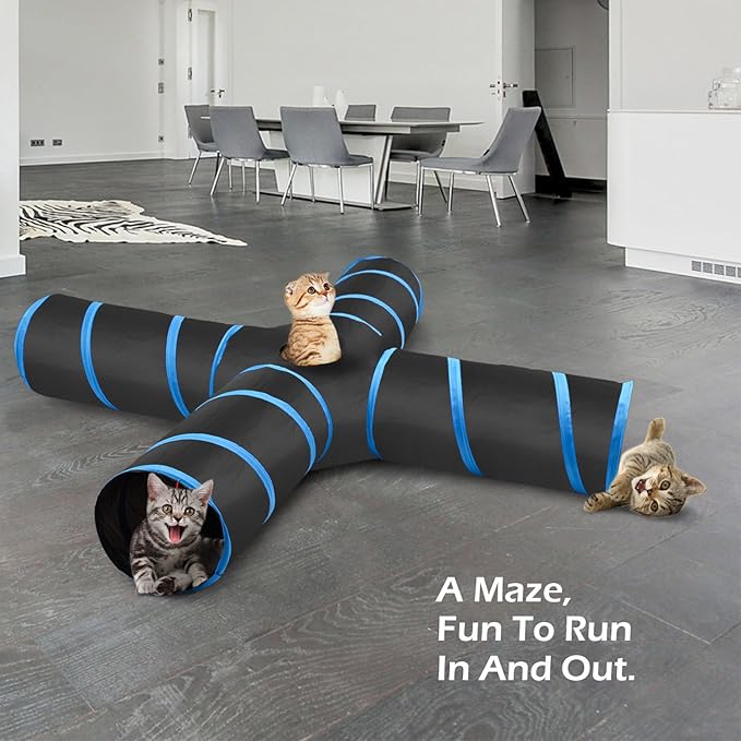 Pawaboo Cat Toys, Cat Tunnel Tube 4 Way Tunnels 25x53cm Extensible Collapsible Cat Play Tent Interactive Toy Maze Cat House with Balls and Bells for Cat Kitten Kitty Rabbit Small Animal, Blue