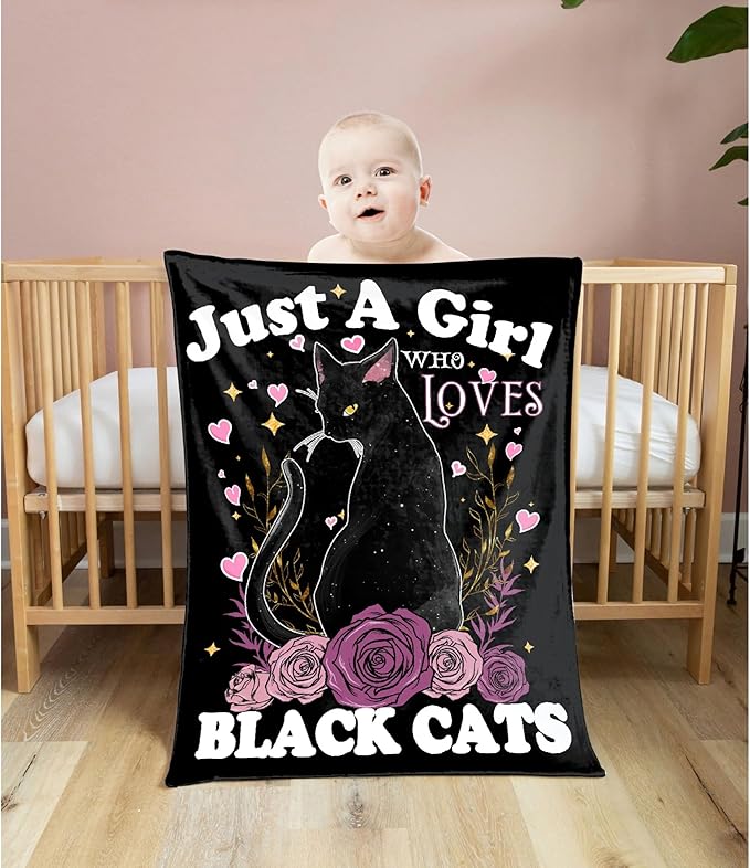 Just A Girl Who Loves Black Cats Blanket Gifts for Girls Boys, Cute Black Cat Throw Blanket for Cat Lovers Soft Lightweight Flannel Fleece Kitten Decor Plush Bedding for Kids Lap Chair Bed 50x40In