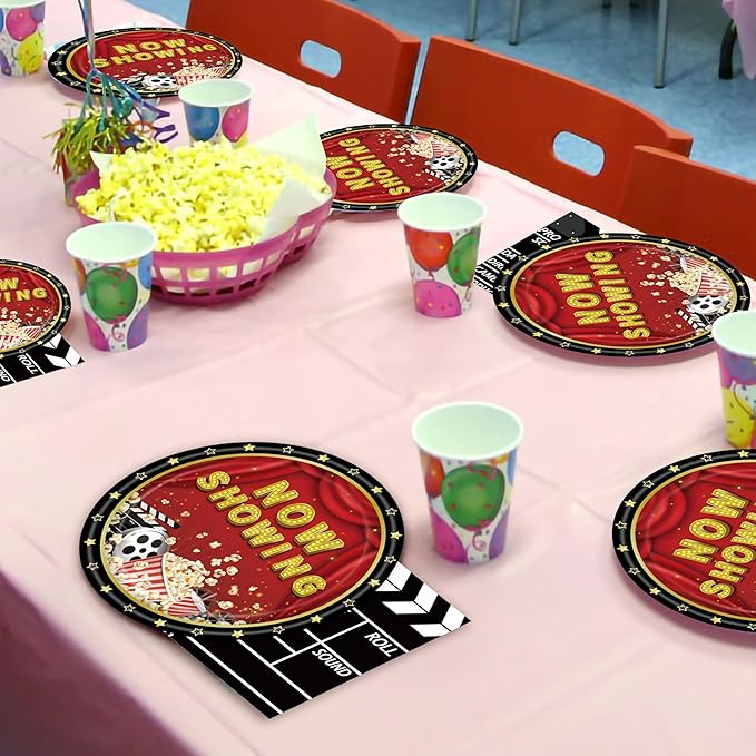 96 Pcs Movie Theme Party Plates Napkins Forks Decorations Tableware Set Supplies Disposable Paper Movie Night Popcorn Projection Tape Favors, Serves 24 Guests