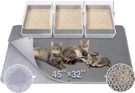 BurgeonNest 45"x32" Extra Large Cat Litter Mat, Honeycomb Double Layer Kitty Litter Trapping Mat, Urine Proof & Waterproof, Easy Clean, Machine Washable, Non-Slip, Scatter Control