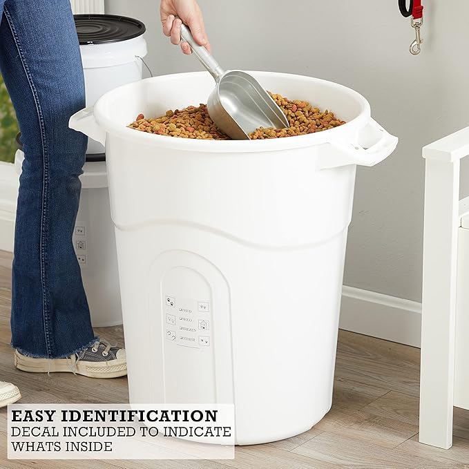 United Solutions Large Pet Food Storage Container with Snap-Tight Lid, 20 Gallon Capacity, Great for Dog Food, Livestock Feed, Bird Seed and More, (Pack of 2), White Base and Black Lid