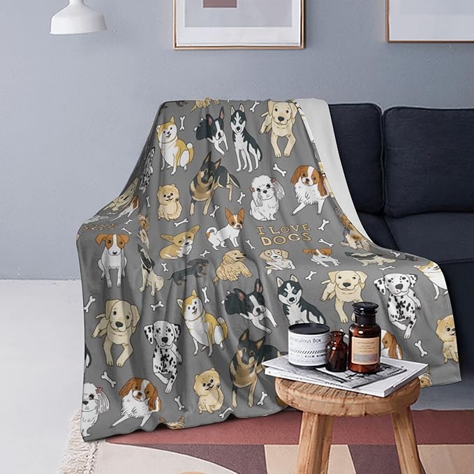 Cute Kids Dogs Puppies Print Blanket Throw 50"x40", Plush Flannel Blankets with Dogs on It, Gifts for Boys Girls Dog Lovers People