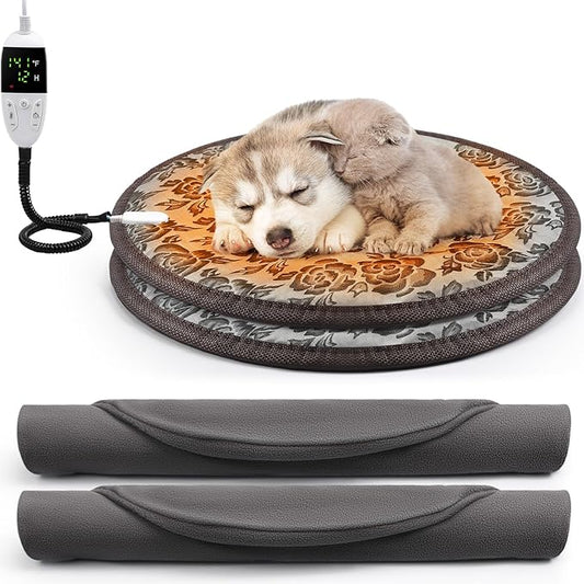 Riakrum 2 Pcs 16in Cat Heating Pad Round Pet Heating Pad Waterproof Cat Warming Pad Pet Electric Heating Mat Adjustable Heated Dog Pad with Washable Cover, Switch, Anti Bite Steel Cord for Cats Puppy