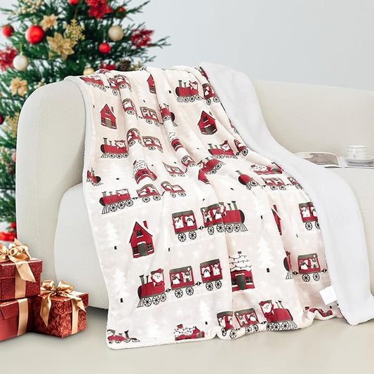 Elegant Comfort Reversible and Ultra-Plush Flannel Fleece-Winter Christmas Sherpa Throw- Lightweight Soft and Cozy-Holiday Decorative Throw, Perfect for Lounging, 50 x 60 inches, Santa Train