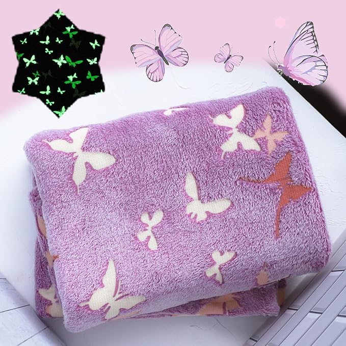 Best Gift Butterfly Glow in The Dark Throw Blanket with Storage Bag, Best Gift Soft Throw Blanket for Girls Boys, Camping Blanket, Gifts for Children Ages 1-10, Kids Blanket, Purple