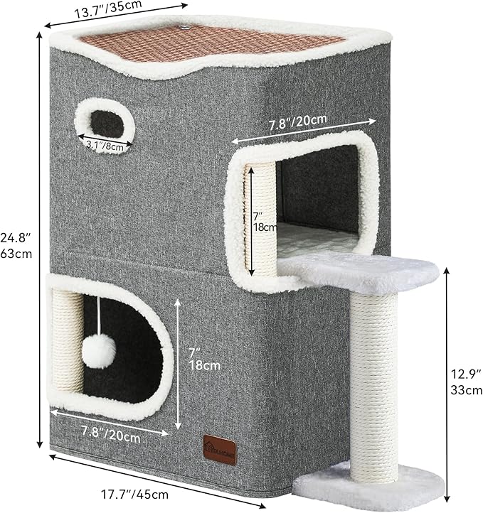 YITAHOME 2-Tier Cat House, Indoor Cat Cave Bed Playhouse, Flannel & Cool Mat, Covered Cat Beds with Scratch Pad and Hideaway Cave, Cute Modern Cat Condo Furniture for Multi Small Cats, Grey
