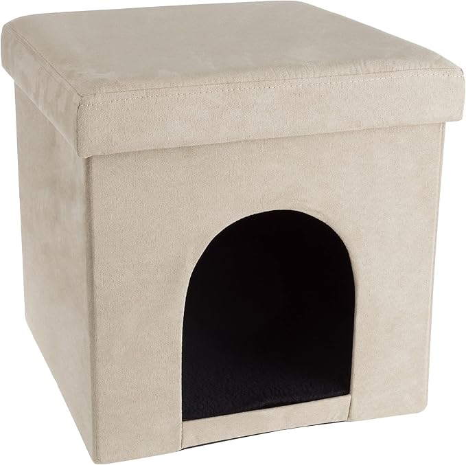 Pet House Ottoman - Collapsible Multipurpose Small Dog or Cat Bed Cube and Footrest with Cushion Top and Interior Pillow by PETMAKER (Microsuede Tan)