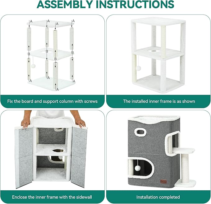 YITAHOME 2-Tier Cat House, Indoor Cat Cave Bed Playhouse, Cat Tunnels with Scratch Pad and Hideaway Cube, Cute Modern Cat Condo Furniture for Multi Small Cats, Extended (Grey)