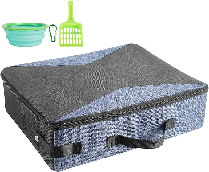 HiCaptain Portable Travel Litter Box, Foldable Cat Litter Box with Lid and Handle Standard Lightweight Collapsible Litter Carrier for Cat Travel(M,Black/Blue)