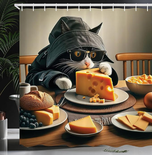 Ambesonne Cat Shower Curtain, Whimsical Kitty in a Mysterious Trench Coat Having a Feast with Cheese, Cloth Fabric Bathroom Decor Set with Hooks, 69" W x 84" L, Marigold and Charcoal Grey