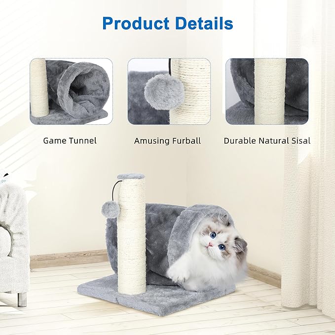 Cat Tree with Cat Play Tunnel, 11.8 in Cat Scratching Post with Scratching Board,Cat Scratch Pad with Toy Ball for Indoor Cats,Protect Furniture
