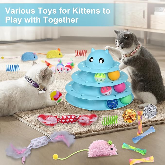 UPSKY 24 PCS Cat Toys, 3-Level Turntable Kitten Toys Set, Interactive Cat Roller Toys for Indoor Cats, Catnip Toys, Cat Teaser Toys, Mice Toys, Spring Toys, Various Ball Toys for Kitty