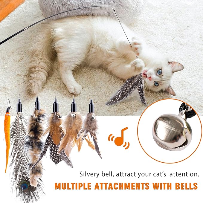 Retractable Cat Wand Toy for Indoor Cats Interactive Cat Feather Toys with Bell 8 Packs Kitten Toys with Fishing Pole Replaceable Worm Feather Tail Cat String Toy Gift for Indoor Outdoor