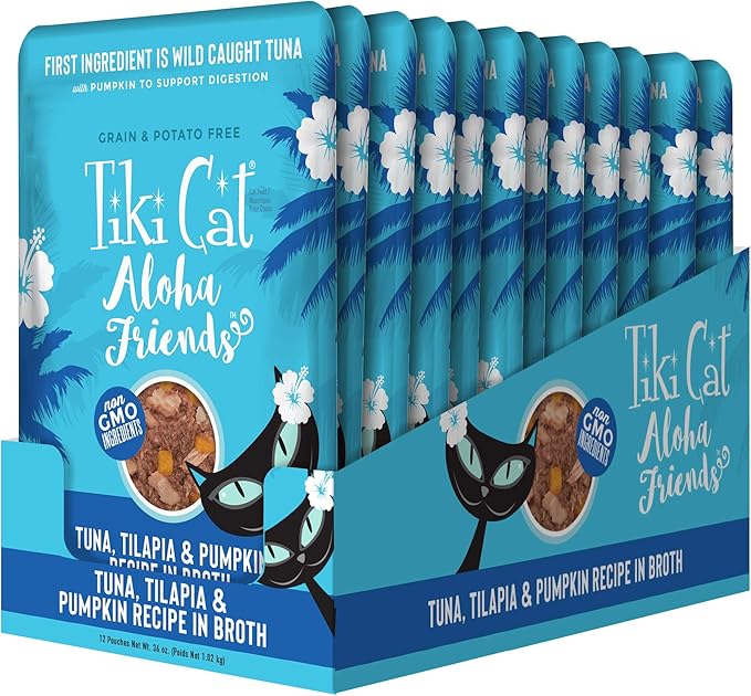 Tiki Cat Aloha Friends, Tuna, Tilapia & Pumpkin, Grain-Free & High Moisture, Wet Cat Food for All Life Stages 3 oz. Pouch (Pack of 12)