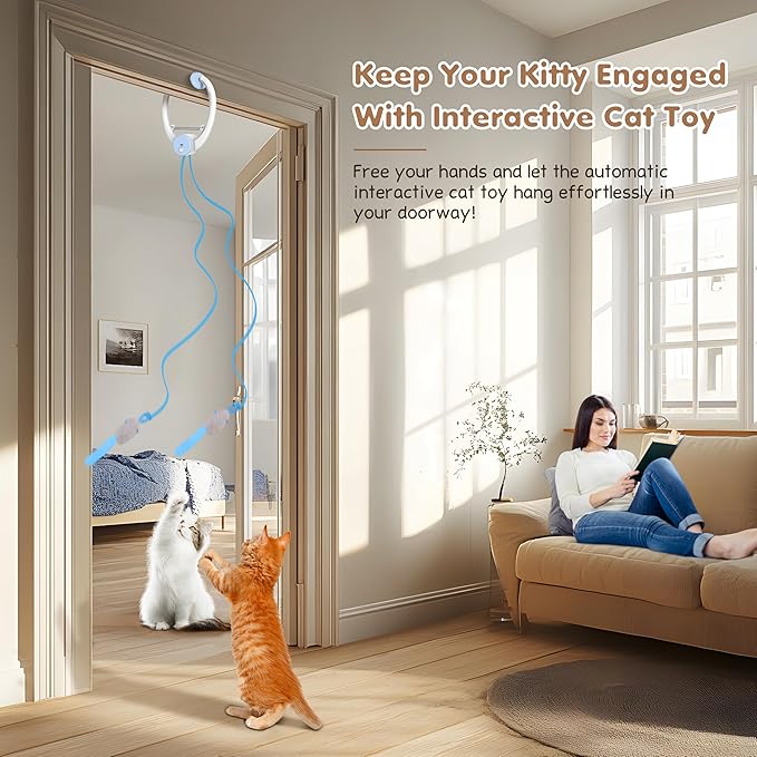 Cat Toys, Interactive Cat Feather Toys for Indoor Cats, Hanging Retractable Teaser Toy Kitten Play Chase Exercise, Automatic Kitten Mental Exercise Toys with Three Mices Plush Toys (Blue)