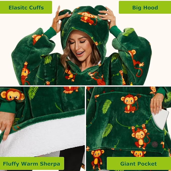 THREE POODLE Wearable Blanket Hoodie, Oversized Sherpa Sweatshirt Blanket for Adults Women Men, Warm Cozy Monkey Hooded Blanket, Gifts for Mom Girlfriend