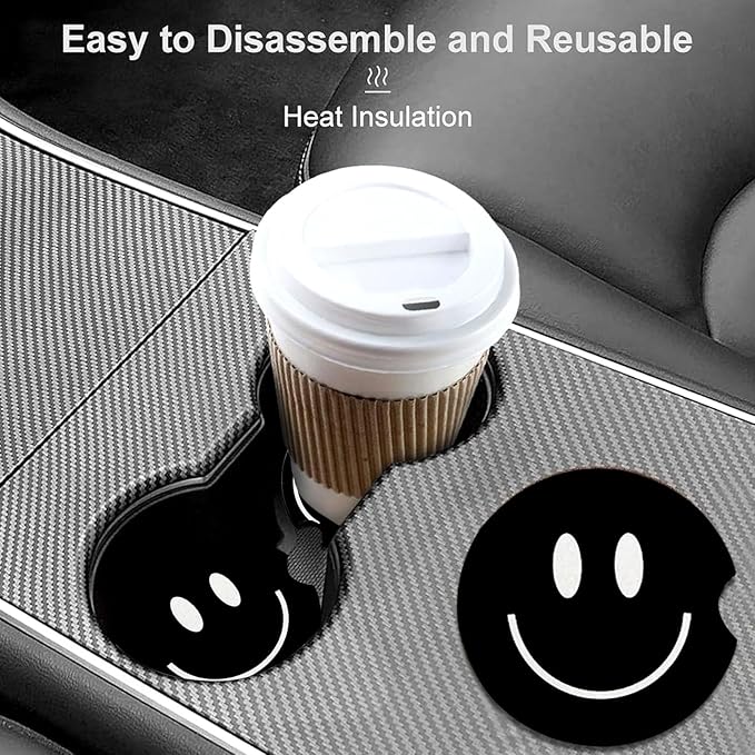Car Coasters for Cup Holders,2 Pack Smiley Face Car Coasters,2.75" Universal Size Anti Slip Rubber Mat,Automotive Cup Holder Decal Decor Accessories,Smiley Face Gifts for Women,Men,Mom