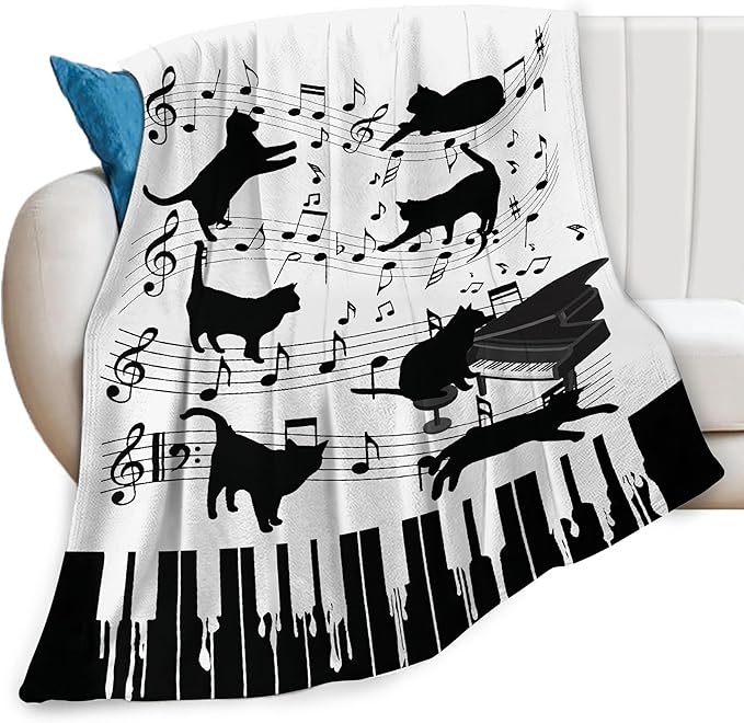 Piano Keys Cat Print Blanket Music Notes Musical Throw Blankets for Couch Sofa Bed Stuff Decor Gifts Soft Cozy Fleece Plush Warm Flannel Bedding for Lover Men Women Girls Boys Teen Adults 50"x60"