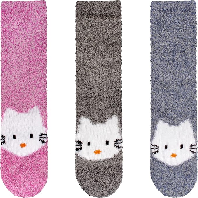 BambooMN Super Soft Warm Cute Animal Face Non-Slip Fuzzy Crew Winter Home Socks, Value Pack