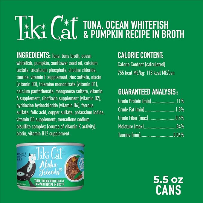 Tiki Cat Aloha Friends, Tuna, Ocean Whitefish & Pumpkin, Grain-Free & High Moisture, Wet Cat Food for All Life Stages 5.5 oz. Cans (Pack of 8)