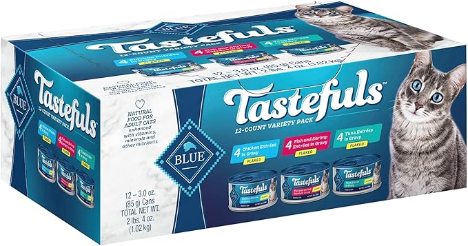 Blue Buffalo Tastefuls Flaked Wet Cat Food Variety Pack, Made with Natural Ingredients, Tuna, Chicken, Fish & Shrimp, 3-oz Cans (12 Count, 4 of Each)