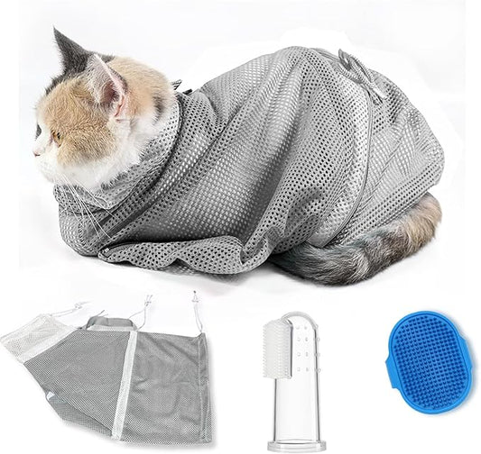 Adjustable Multifunctional Anti-Bite Shower net Bag，Cat Grooming Mesh Bag, Cat Bathing Bag，Cat Bath Brush and Pet Finger Toothbrush (B-Grey)