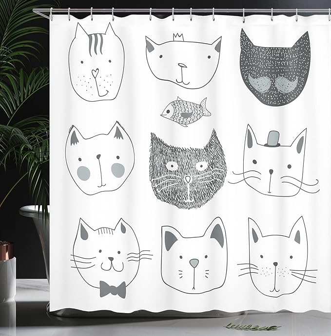 Ambesonne Cat Shower Curtain, Pets Moustache Bow Tie Hat Crown Fluffy and Fish Humor Faces Graphic, Cloth Fabric Bathroom Decor Set with Hooks, 69" W x 70" L, Taupe Grey