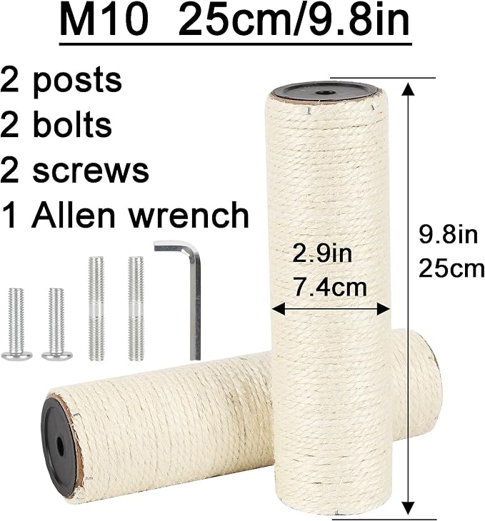 2.9in 7.4cm Diameter Cat Tree Scratching Post Replacement Parts Sisal Pole (M10, 25cm/9.8in)