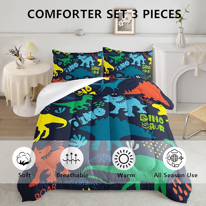 Axolotl Boys Bedding Cartoon Dinosaur Comforter Set Full Size,Cute Dinosaur Bedding Set for Boys Girls Teens Kids Adults Room Decor,Kids Comforter Set All Season,1 Quilt 2 Pillow Cases
