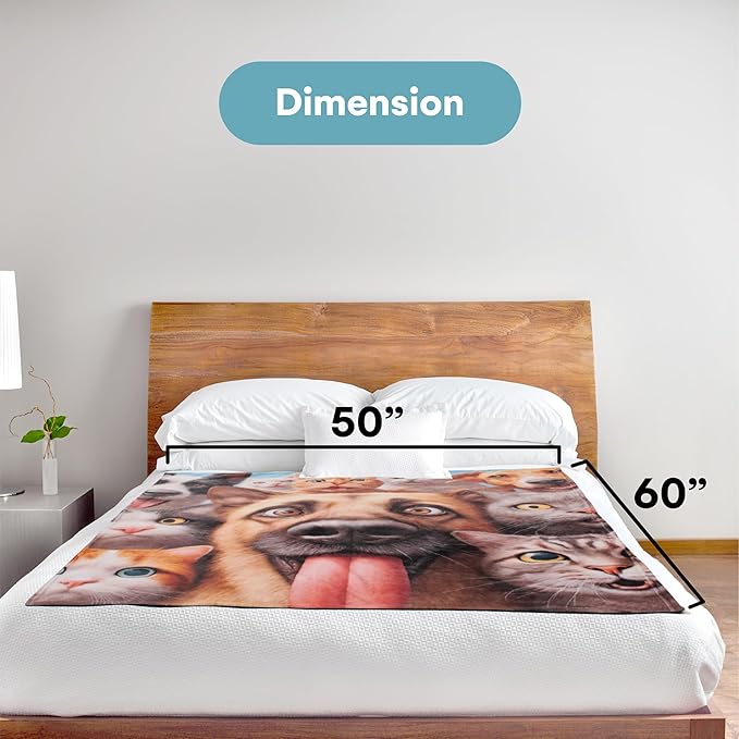 Dawhud Direct Selfie Dog and Cat Fleece Blanket - Soft Throw for Kids and Adults, Colorful Blanket with Dogs and Cats Taking a Selfie Print, Ideal for Beds, Couches, and Travel - 60.6 x 48.8 Inches