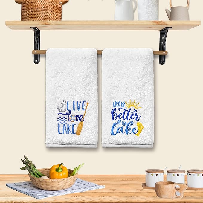 Lake Hand Towels for Bathroom Set of 2, Embroidered House Gifts Decor, Life Decorative New Home Tea Towels, 100% Cotton Soft Kitchen Towels 14x30 Inches