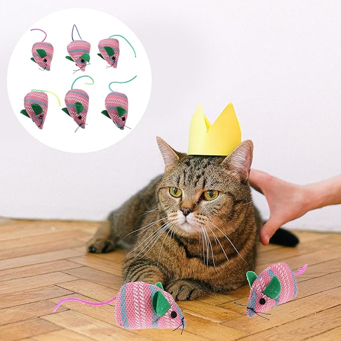 LUOZZY 6pcs Cats Mouse Plush Toy Plush Catnip Mouse Kitten Toys Interactive Plush Cat Chew Toys for Indoor Cats and Kittens (Pink and Green)