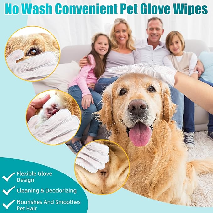 Pet Glove Wipes for Dogs and Cats, No-Rinse, Deodorizing, Grooming Gloves for Paws, Face, Butt, and Legs, Portable Travel-Friendly, Family Stockpile, 30PCS