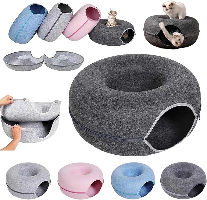 Cat Cave for Indoor Cats, Cat Donut Cat Tunnel Bed, Scratch Resistant Cat Toys for Medium Large Cats up to 30 lbs (Blue, Large)