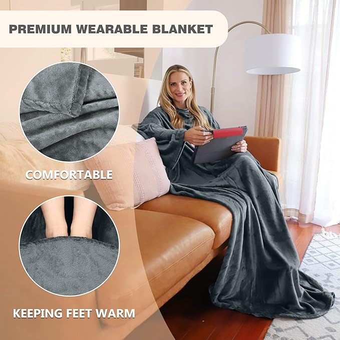 Solaris Wearable Blanket with Sleeves for Adults, Softness Comfort Warmth Fleece Gift for Women Men, Snuggy Body Throw TV Blanket for Home Office Lounge, Gift for Her