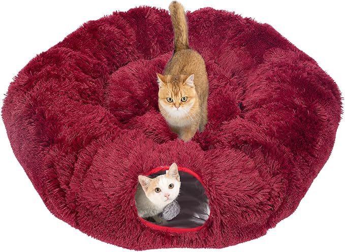 Avont Cat Tunnel Bed with Central Washable Cushion - Large Cat Tunnel Tube Toys 3 Shape to Play for Indoor Cats Kittens Puppies Ferret, Round Plush Fluffy Cat Bed with Tunnels -Red