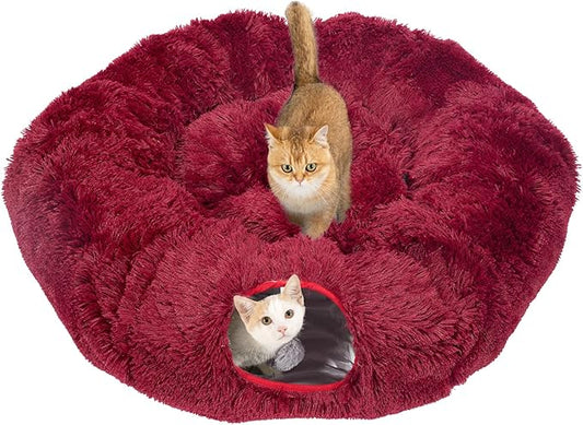 Avont Cat Tunnel Bed with Central Washable Cushion - Large Cat Tunnel Tube Toys 3 Shape to Play for Indoor Cats Kittens Puppies Ferret, Round Plush Fluffy Cat Bed with Tunnels -Red