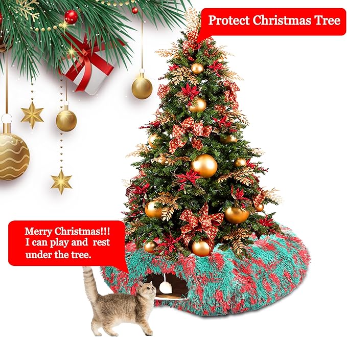 LUCKITTY Christmas Warm Fluffy Plush Cat Dog Tunnel Bed with Washable Cushion- Big Tube Playground Toys 3 FT Diameter Collapsible, for Indoor Cat Kitty Kitten Puppy Rabbit Ferret, Green Red