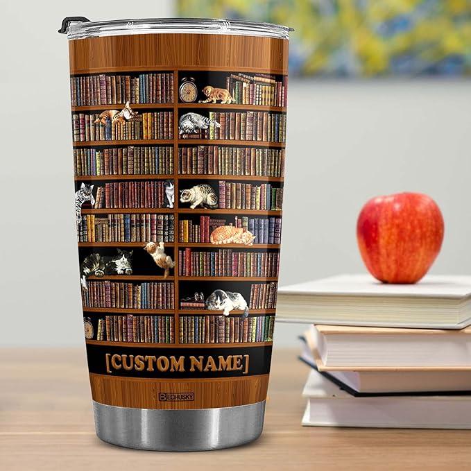 BECHUSKY Personalized Cat Library Bookshelf Tumbler Cat Bookshelf Tumbler Cat Book Lover Tumbler Librarian Reading Book Bookish Gift For Friends Readers Bookworm Book Lovers On Christmas Anniversary
