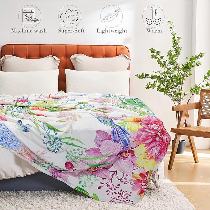 Hummingbird Throw Blanket Floral Flower Throw Blankets Spring Colorful Flannel Fleece Throw Blankets Gifts for Women Children Soft Cozy Plush Throw Blanket 50" x 60"