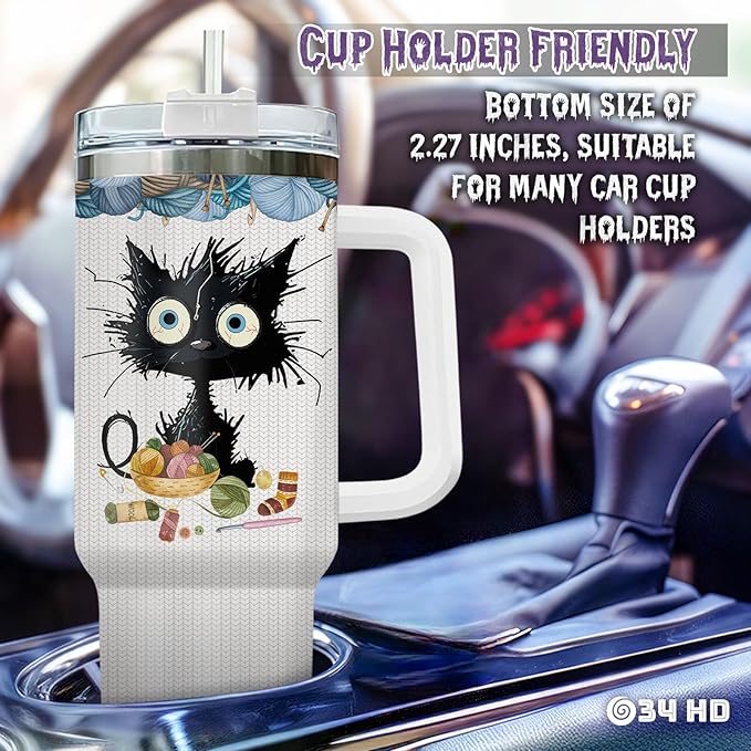 34HD Black Cat Tumbler with Handle & Straw, 40oz Vacuum Insulated Cat Coffee Cup, I Crochet So I Dont Choke People Mug, Crochet Lover Gifts for Birthday Mothers Day Christmas
