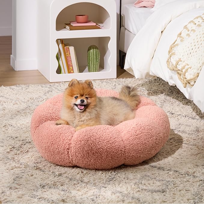 Lesure Calming Small Dog Bed - Flower Donut Round Fluffy Puppy Bed in Plush Teddy Sherpa, Non-Slip Cute Flower Cat Beds for Indoor Cats, Small Pet Bed Fits up to 25 lbs, Machine Washable, Pink 23"