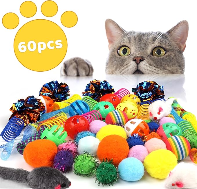 Kitten Toys, 60PCS Cat Balls Springs Toy Set, Sparkle Ball, Cat Mouse Toy, Cat Crinkle Balls, Cat Springs, Cat Ball Toy, Furry Cat Toys Balls Soft Pom Pom Balls