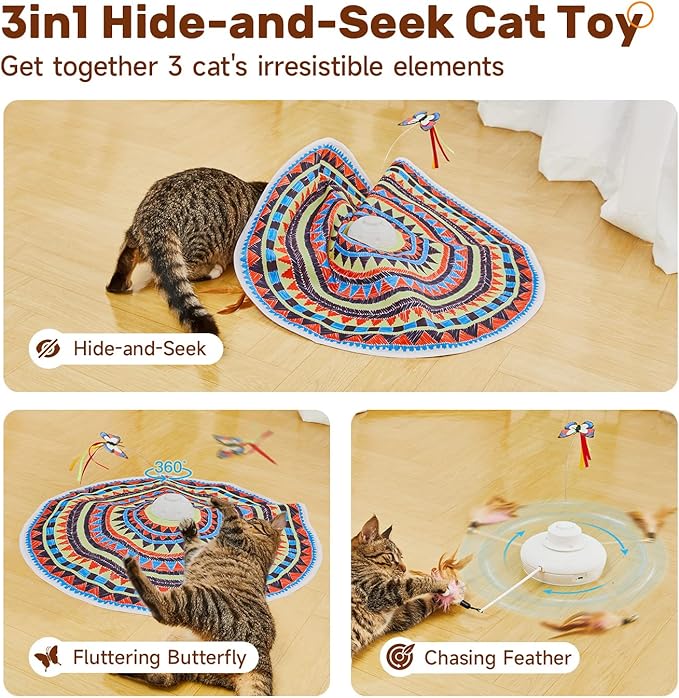 Potaroma Cat Toys Chargeable, 3in1 Hide and Seek, Automatic Interactive Toy, Fluttering Butterfly, Moving Feather, Kitten Wand Toy, Indoor Exercise Kicker 22.8 Inches Cover for All Breeds