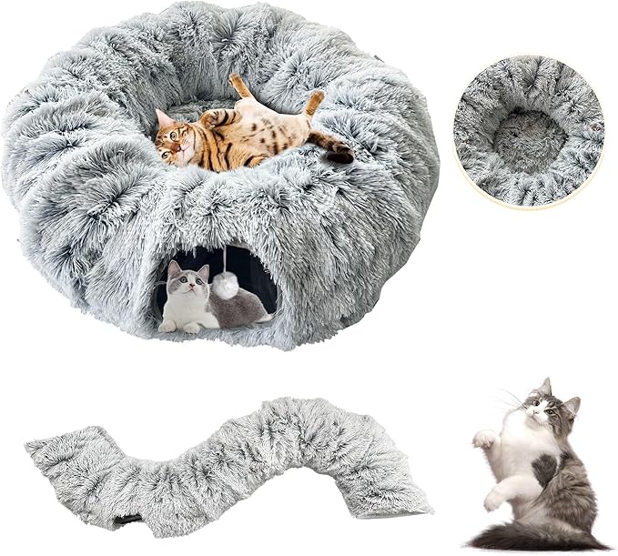 Cat Tunnel Bed with Central Mat, Big Tube Playground Toys, Soft Plush Material Cat Donut Tunnel, Peekaboo Cat Cave, Full Moon Cat Tunnels for Cat, Kitten, Puppy, Rabbit (Grey)