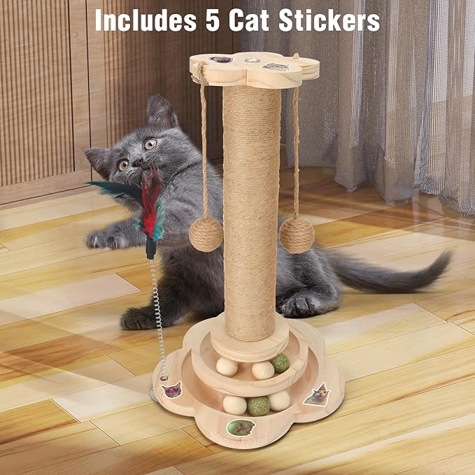 Cat Scratching Post Cat Toys for Indoor Cats 4 in 1 Wooden Ball Cardboard 2 Level with Cat Track Dangling Balls Cat Natural Sisal Scratching Bed Pad Cat Tree Feather Toy for Kittens Adult Cats