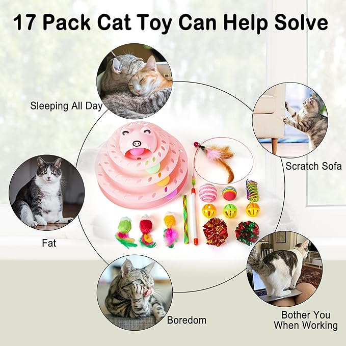 Suhaco Interactive Cat Toys for Indoor Cats Pack of 17 Fun Roller 4 Level Cat Tower with Cute Stickers Turntable Kittens Ball Teaser Toy (Pink 17Pcs)